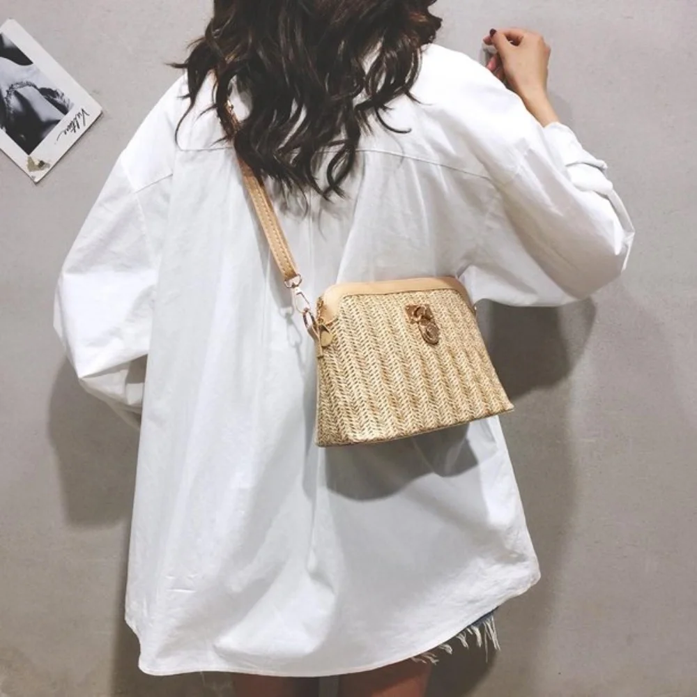 Straw and Vegan Leather Trim Boho Crossbody - Picture 3 of 7